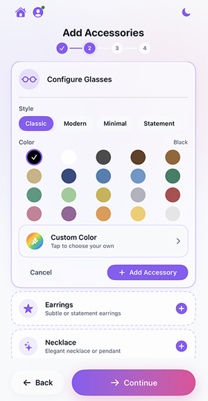 Selfee accessories customization screen