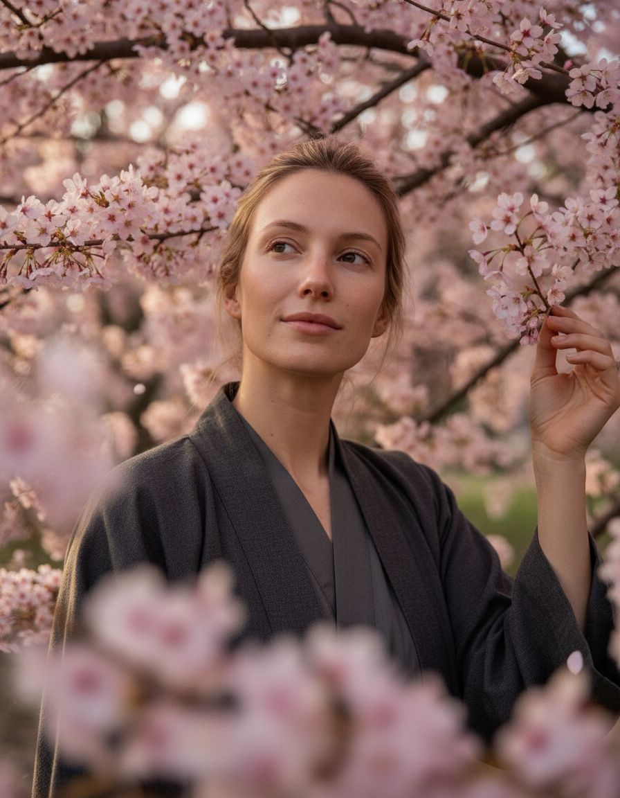 Cherry blossoms portrait example created with Selfee