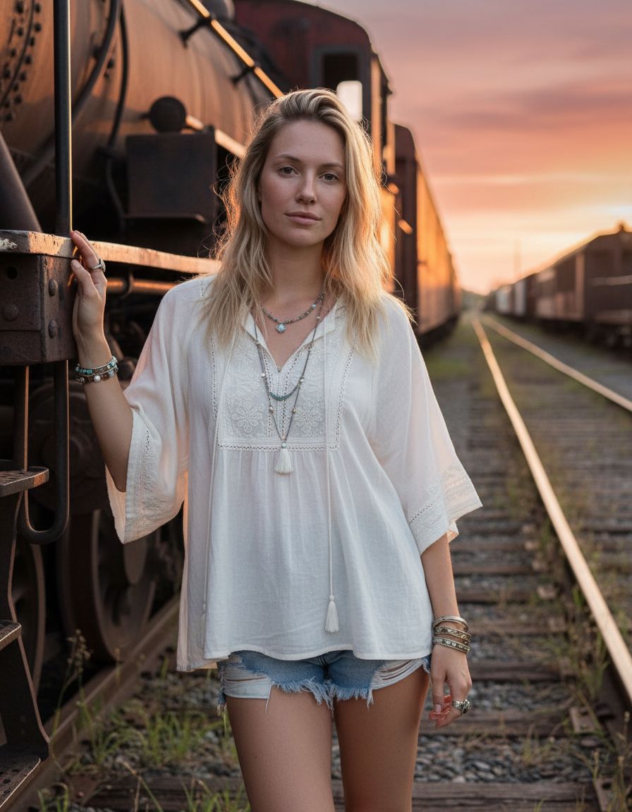 Sunset train yard portrait example created with Selfee