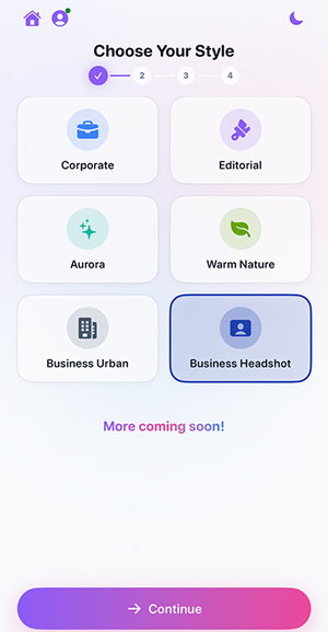 Selfee style selection screen