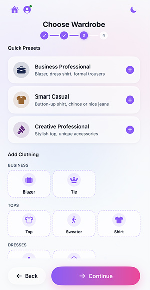 Selfee wardrobe customization screen